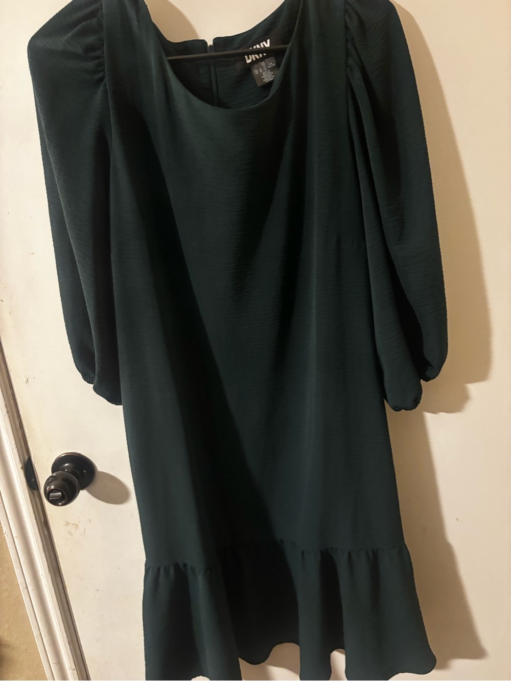 DKNY Dark Green Puff-Sleeve Ruffle Hem Dress